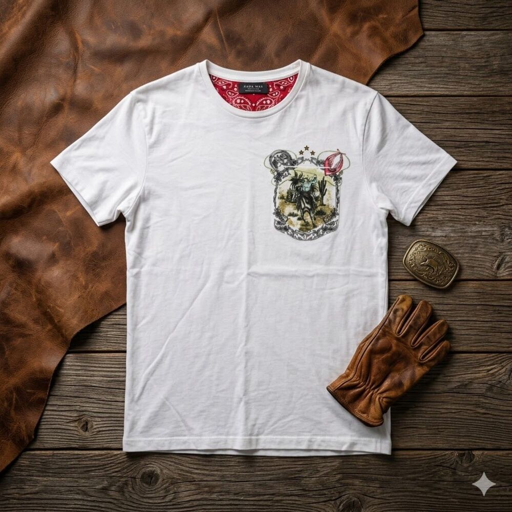 Zara Man Western Cowboy Graphic Pocket Tee White Size Small Bandana Print